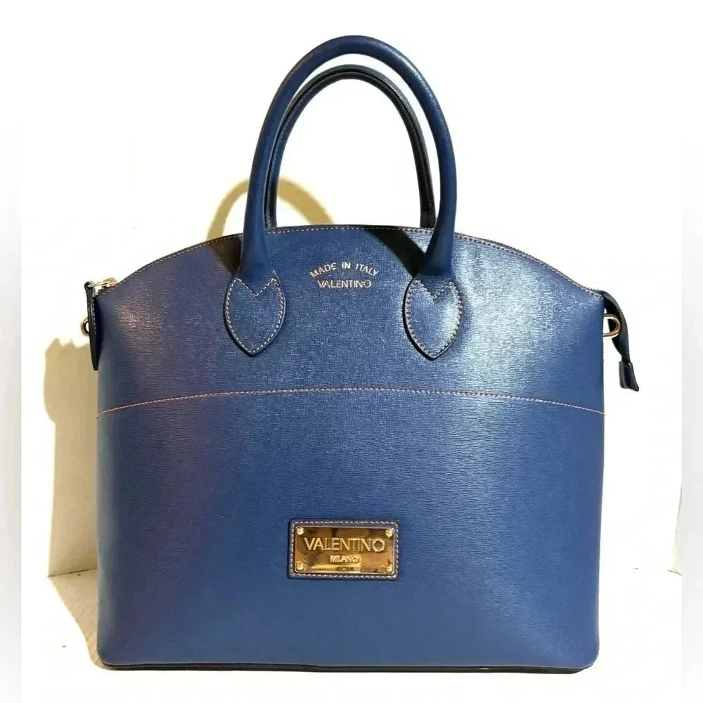 Valentino navy blue saiffiano leather satchel handbag